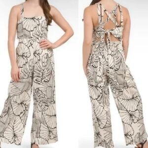 Rachel Zoe Tropical Pattern Linen Blend Wide Leg Jumpsuit Women's M Coastal